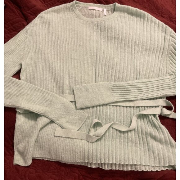HELMUT LANG Sweater Women Sz S‎ Belted Ribbed Crew Alpaca Blend Mint Green MONEY - Picture 6 of 13